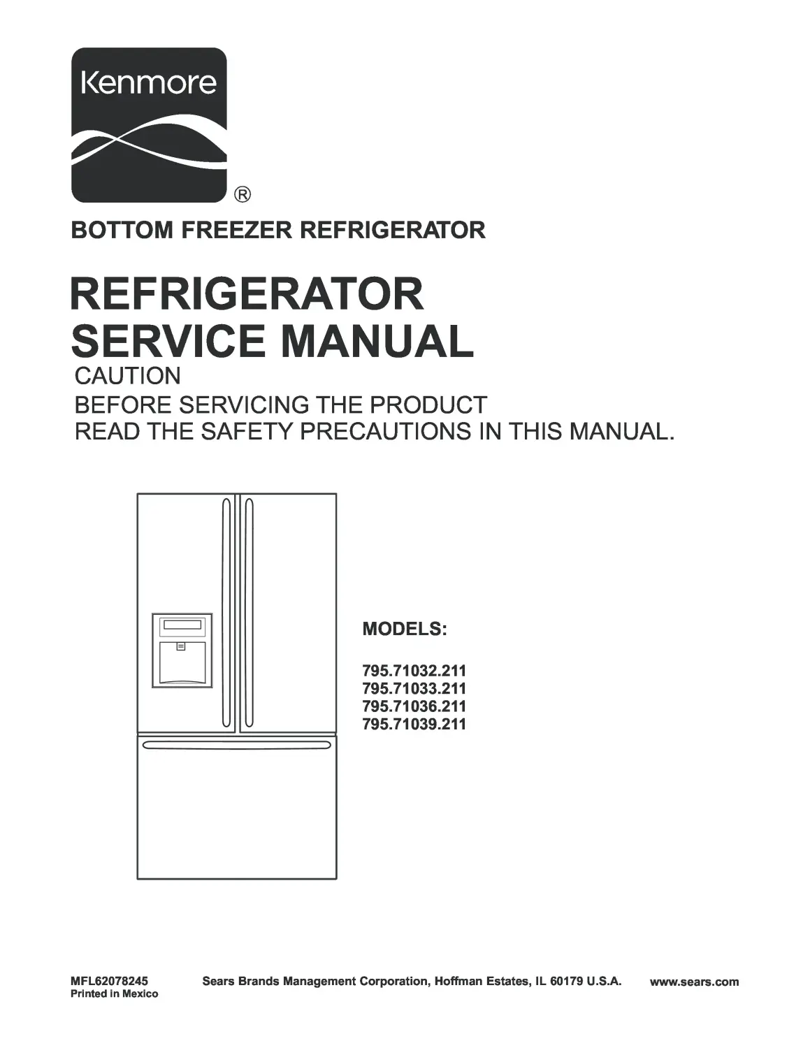 Kenmore 795 71032 71033 71036 71039 211 models service manual cover with model code and showing a line drawing of the refrigerator