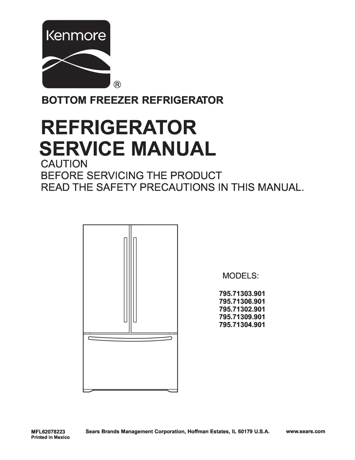 Kenmore 795 71302 71303 71304 71306 71309 901 models service manual cover with model code and showing a line drawing of the refrigerator