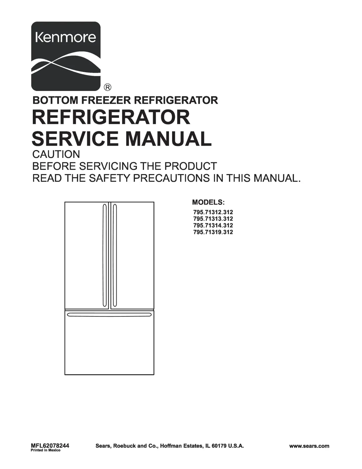 Kenmore 795 71312 71313 71314 71319 212 models service manual cover with model code and showing a line drawing of the refrigerator
