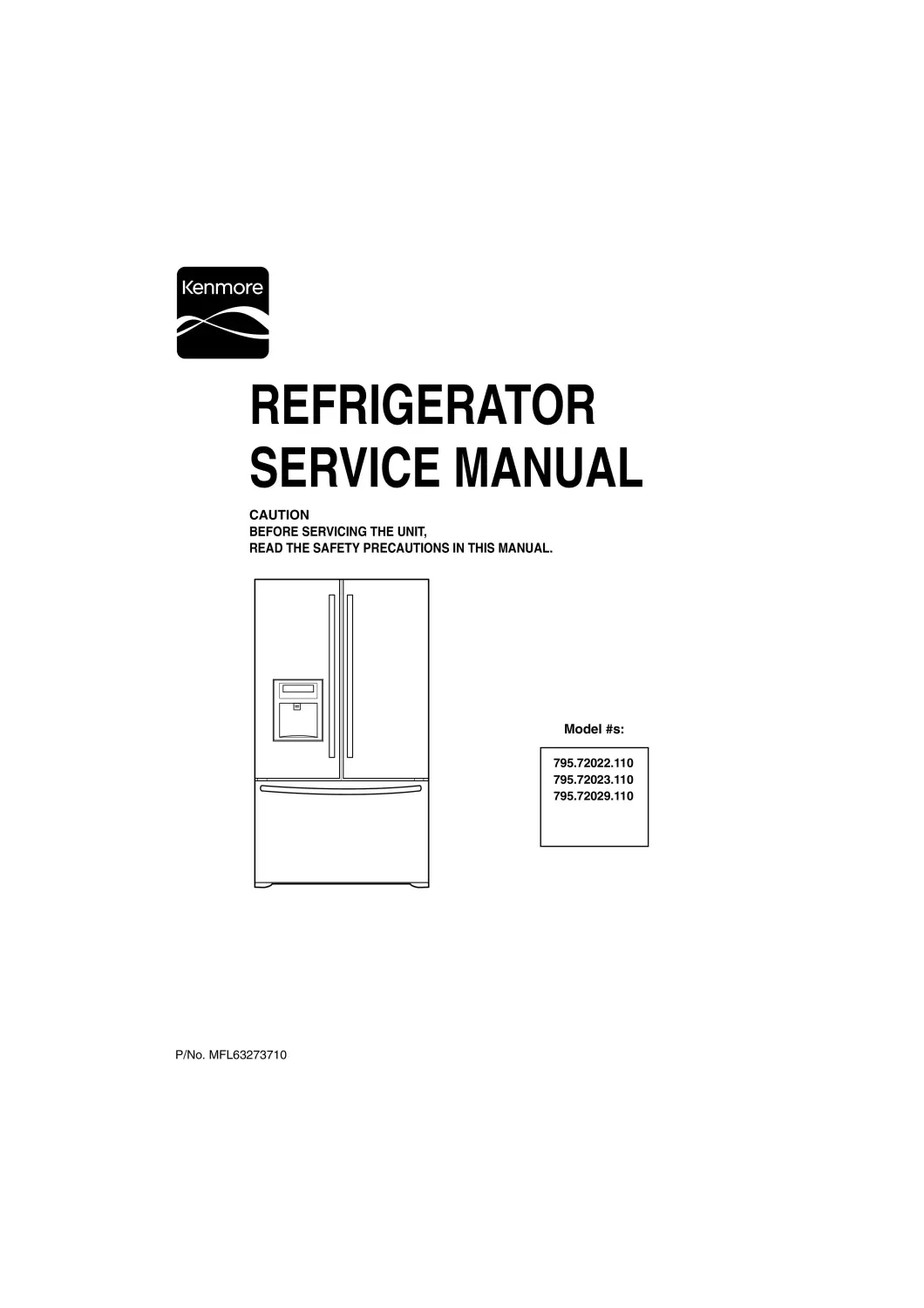 Kenmore 795 72022 72023 72029 service manual cover with model code and showing a line drawing of the refrigerator