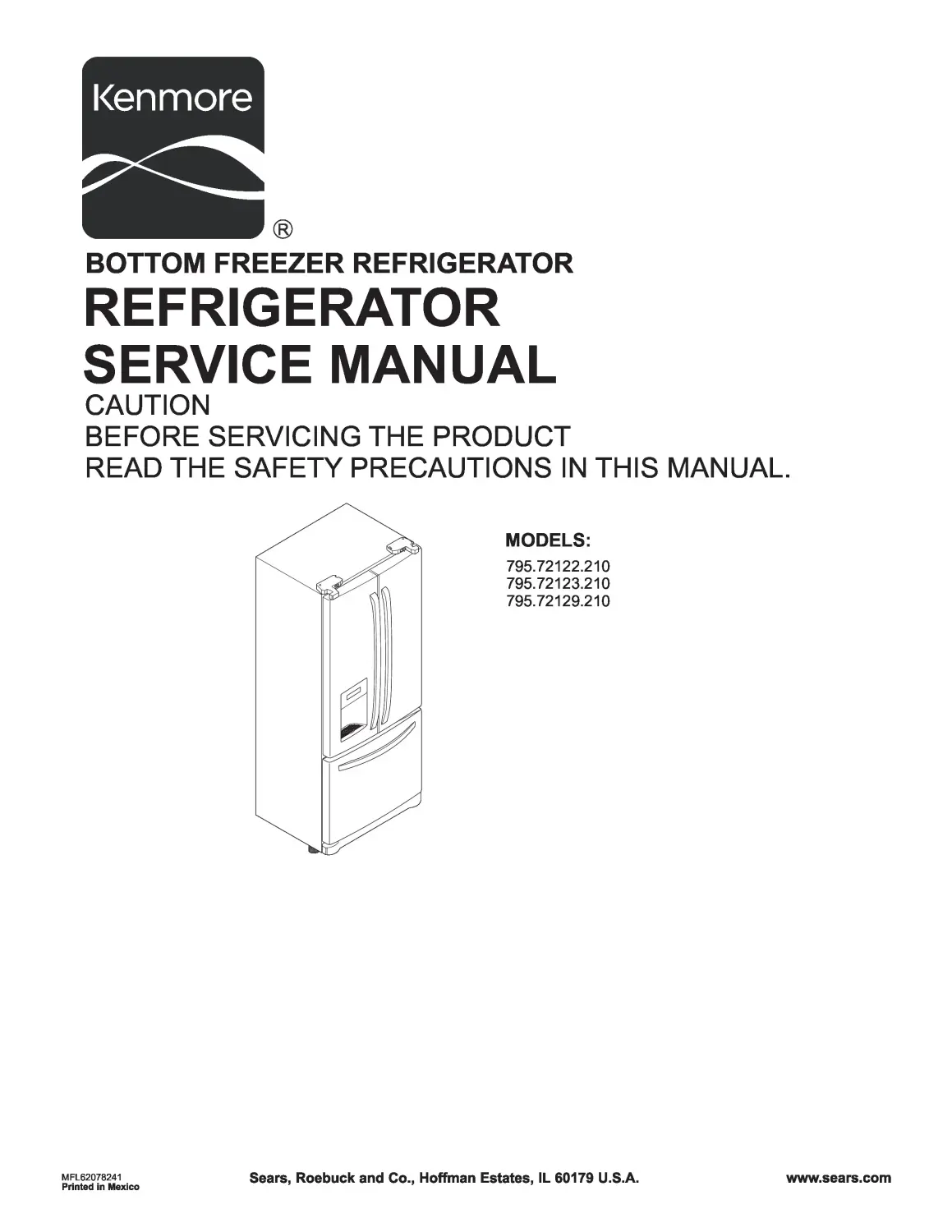 Kenmore 795 72122 72123 72129 service manual cover with model code and showing a line drawing of the refrigerator