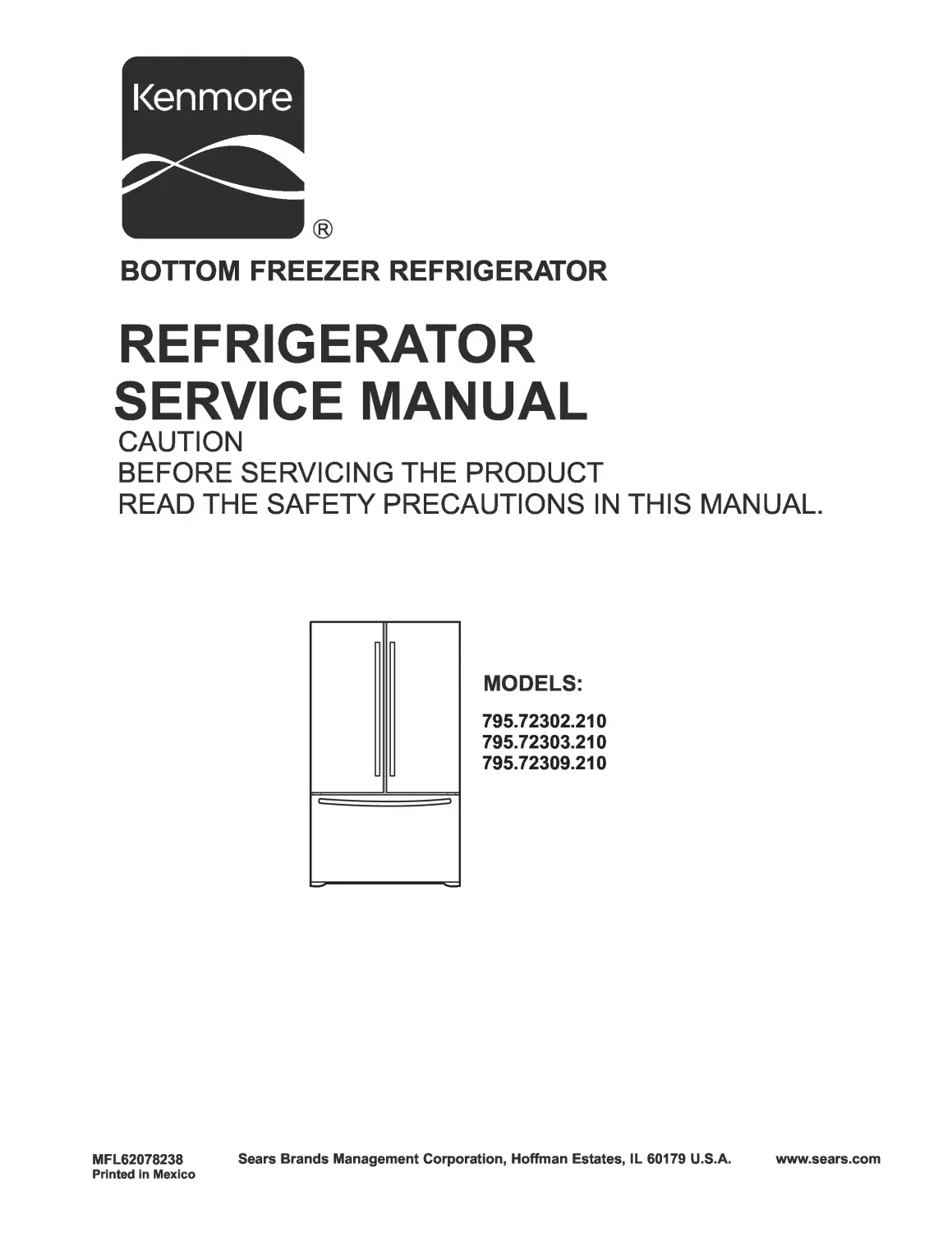 Kenmore 795 72302 72303 72309 service manual cover with model code and showing a line drawing of the refrigerator