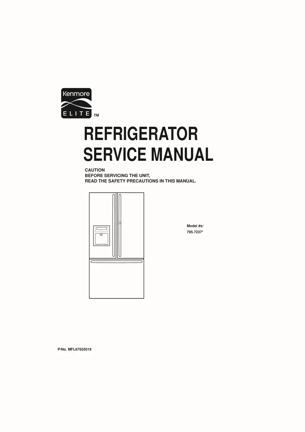 Kenmore 795 72372 72373 72379 service manual cover with model code and showing a line drawing of the refrigerator