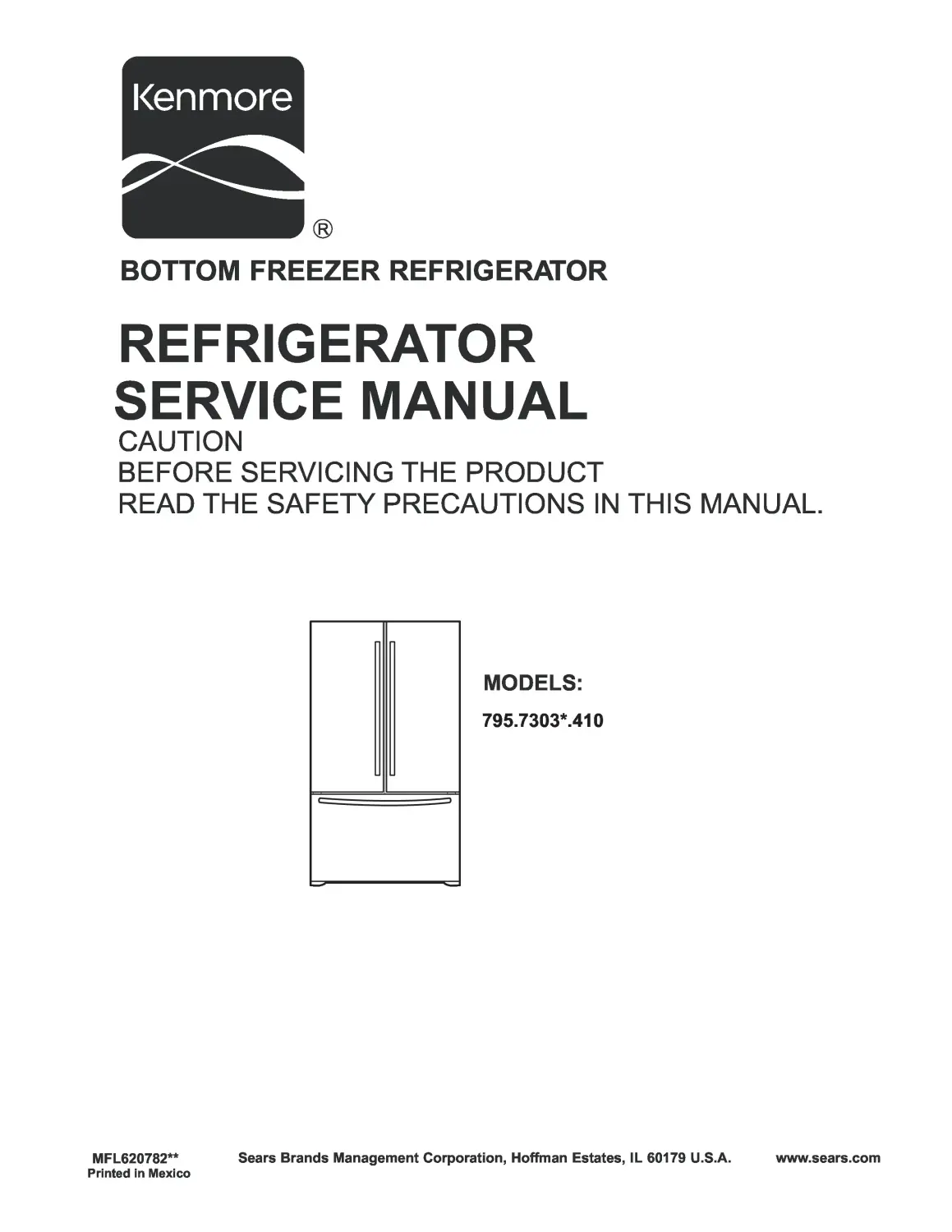 Kenmore 795 73032 73033 73039 service manual cover with model code and showing a line drawing of the refrigerator
