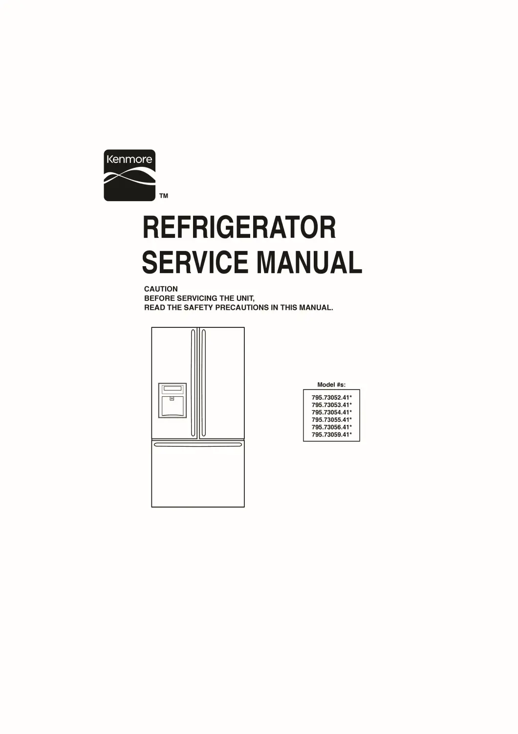 Kenmore 795 73052 73053 73054 73055 73056 73059 service manual cover with model code and showing a line drawing of the refrigerator