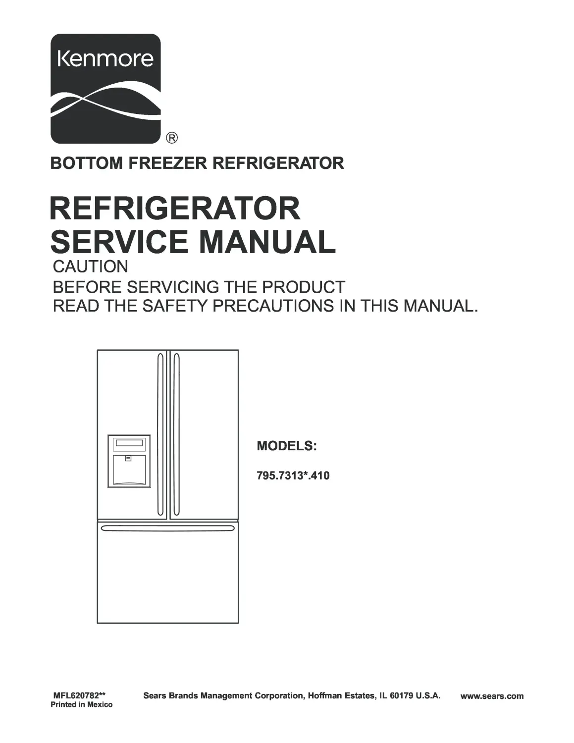 Kenmore 795 73132 73133 73139 service manual cover with model code and showing a line drawing of the refrigerator
