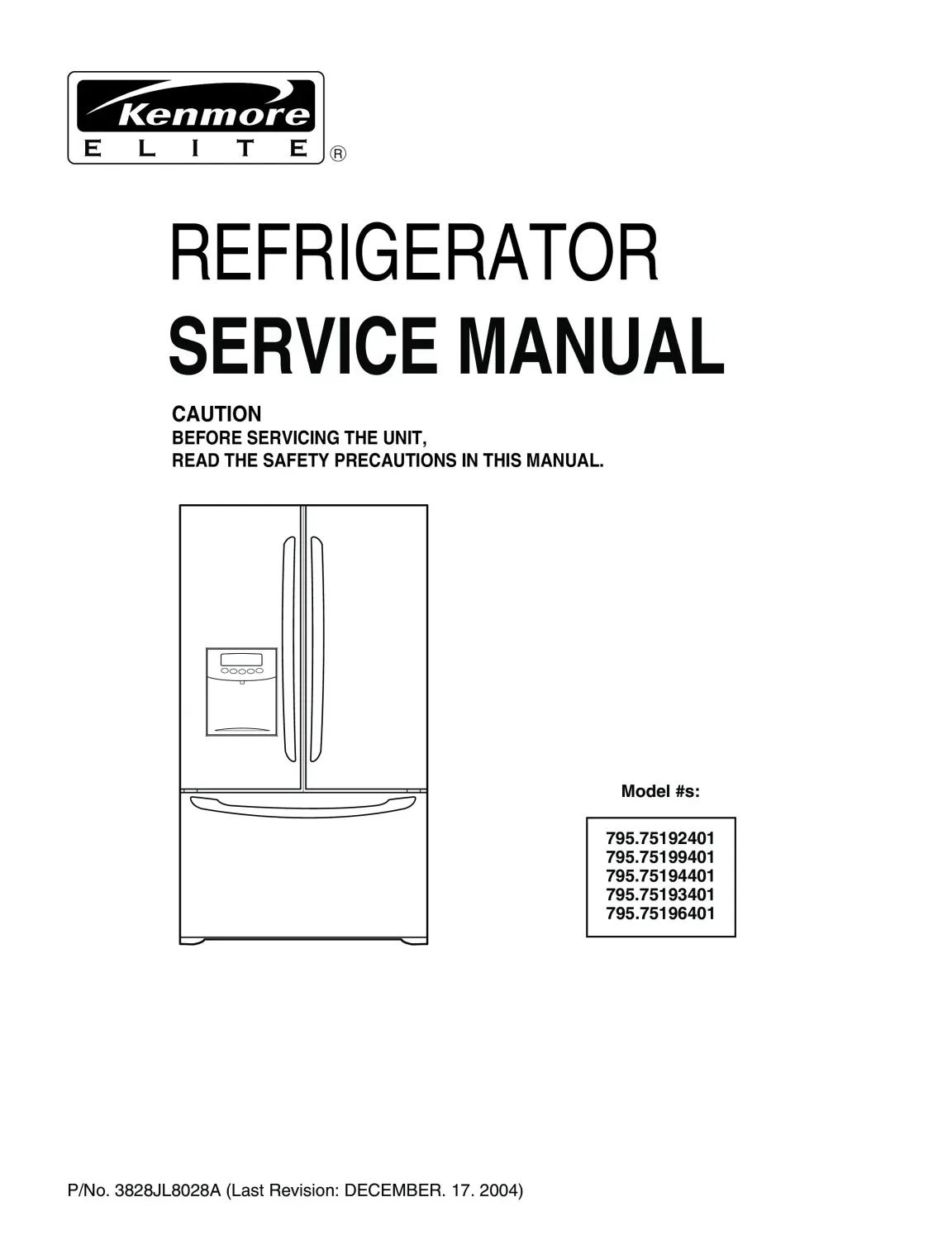 Kenmore 795 75192 75193 75194 75196 75199 service manual cover with model code and showing a line drawing of the refrigerator