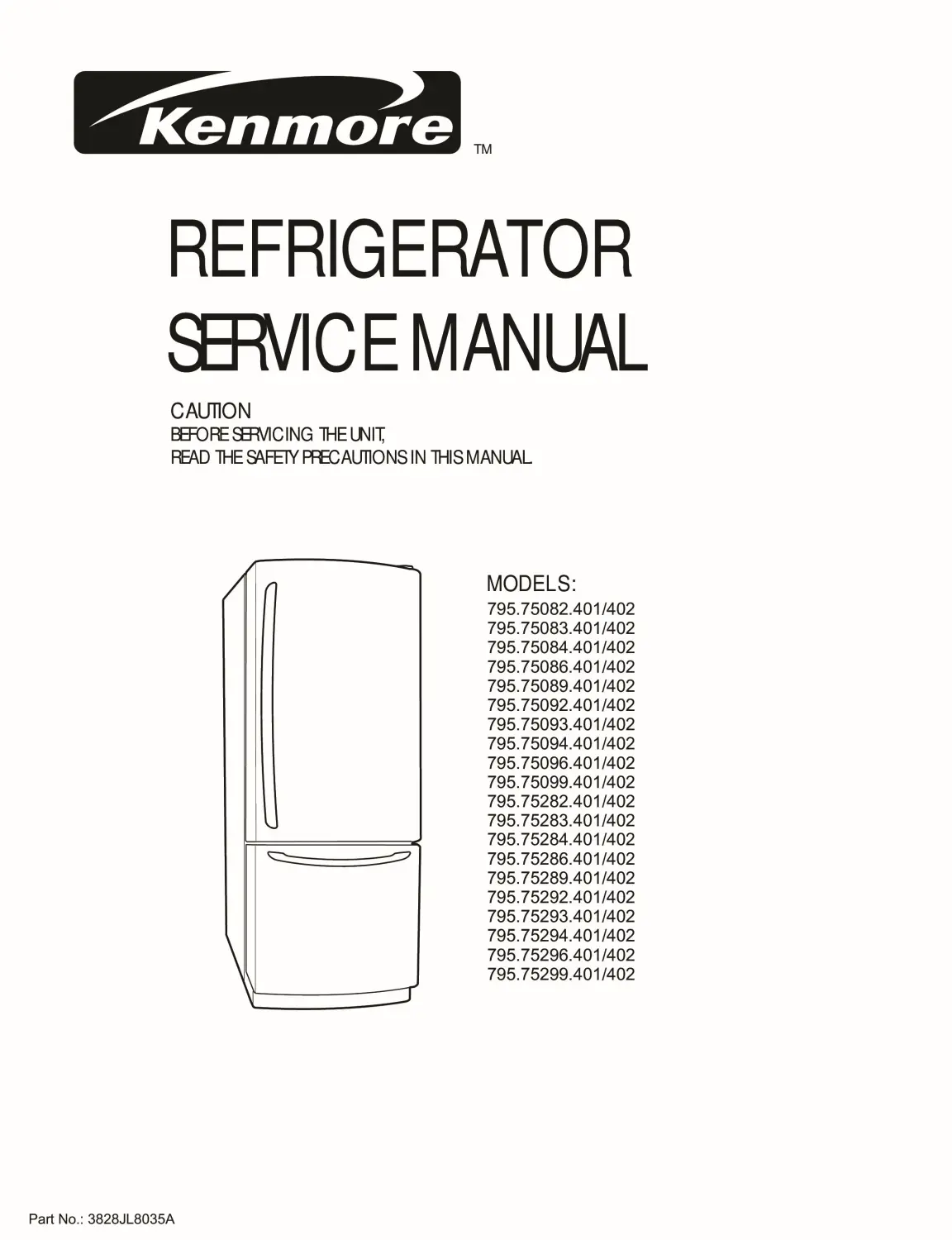 Kenmore 795 75292 75293 75294 75296 75299 service manual cover with model code and showing a line drawing of the refrigerator