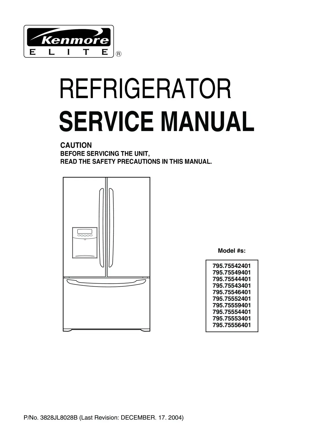 Kenmore 795 75542 75543 75544 75546 75549 service manual cover with model code and showing a line drawing of the refrigerator
