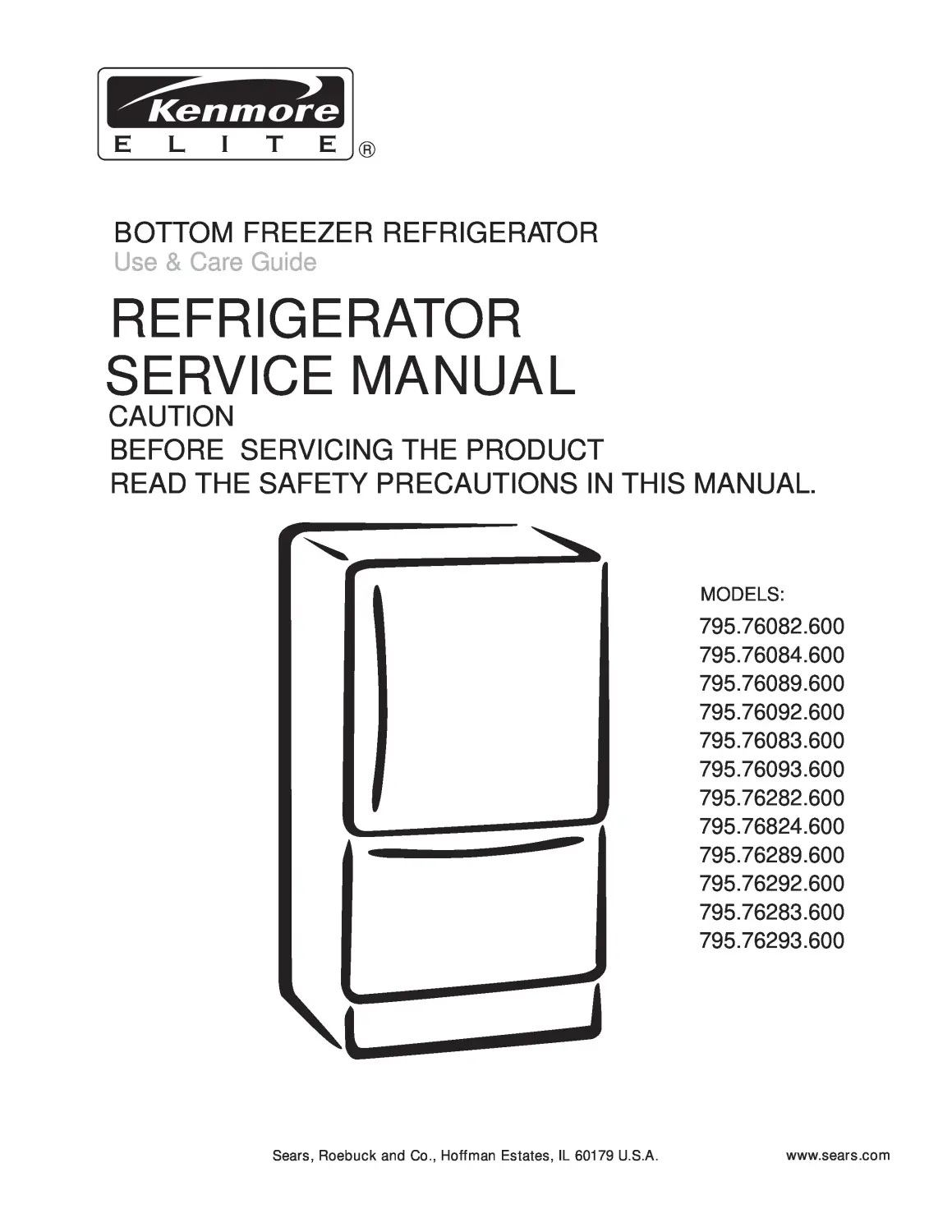 Kenmore 795 76282 76283 76289 76292 76293 76824 service manual cover with model code and showing a line drawing of the refrigerator
