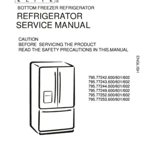 Kenmore 795 77242 77243 77244 77249 77252 77253 service manual cover with model code and showing a line drawing of the refrigerator