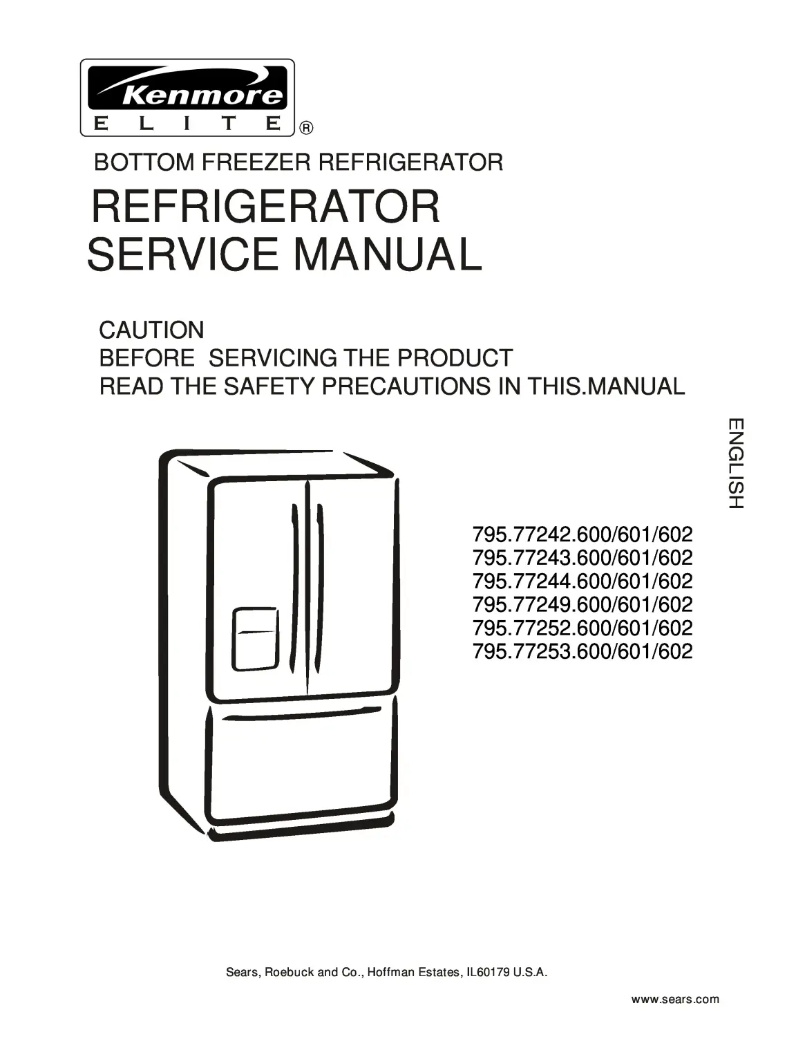 Kenmore 795 77242 77243 77244 77249 77252 77253 service manual cover with model code and showing a line drawing of the refrigerator