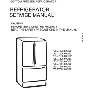 Kenmore 795 77302 77304 77306 77309 service manual cover with model code and showing a line drawing of the refrigerator