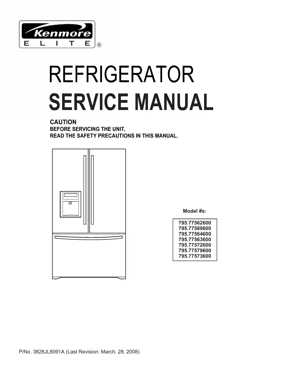 Kenmore 795 7756 7757 service manual cover with model code and showing a line drawing of the refrigerator