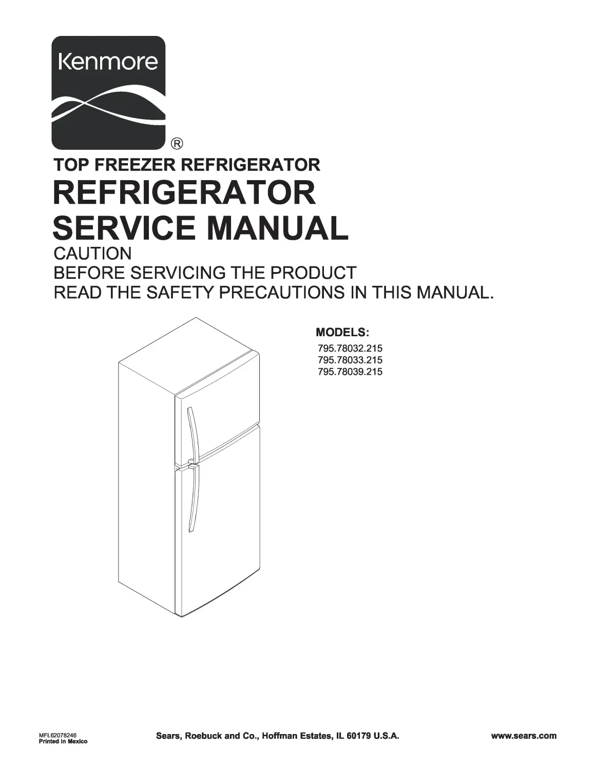 Kenmore 795 78032 78033 78039 215 models service manual cover with model code and showing a line drawing of the refrigerator