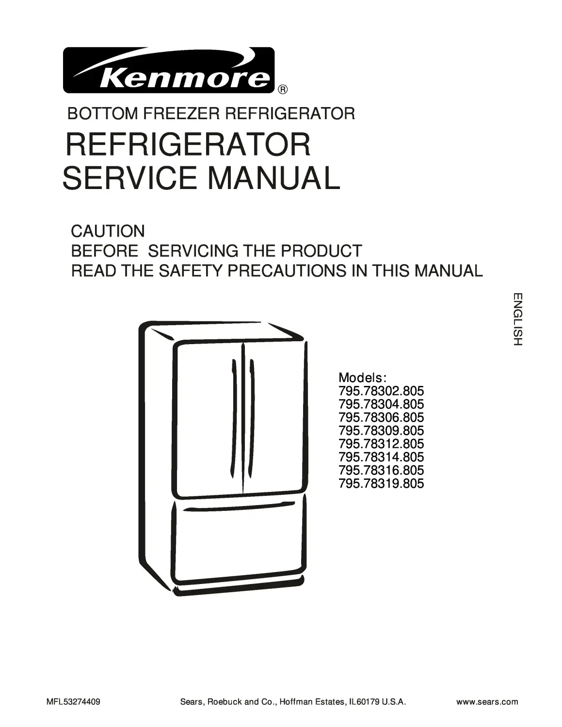 Kenmore 795 78302 78304 78306 78309 805 models service manual cover with model code and showing a line drawing of the refrigerator