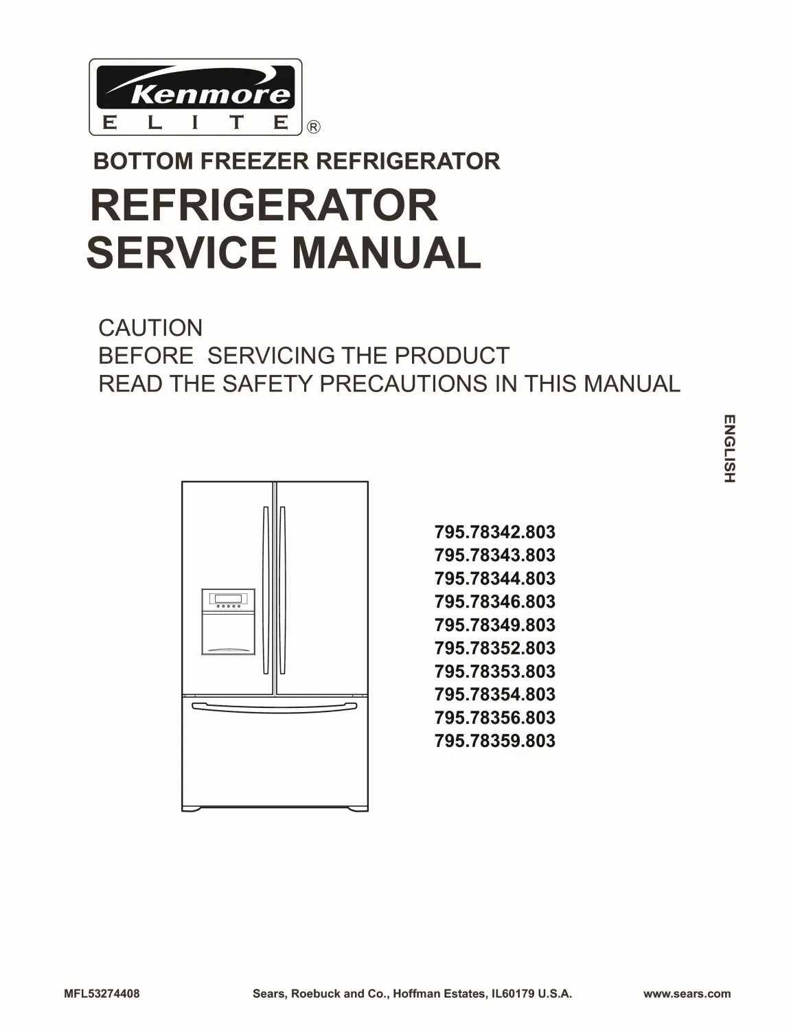 Kenmore 795 78342 78343 78344 78346 78349 service manual cover with model code and showing a line drawing of the refrigerator