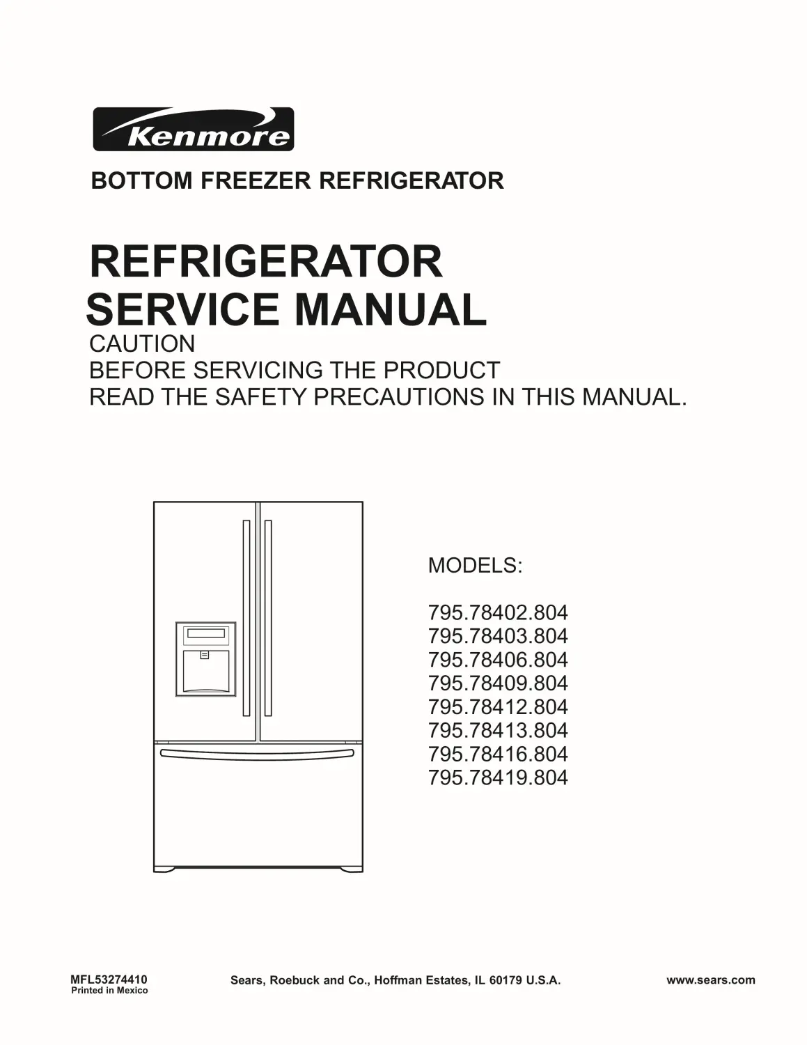 Kenmore 795 78412 78413 78416 78419 804 models service manual cover with model code and showing a line drawing of the refrigerator