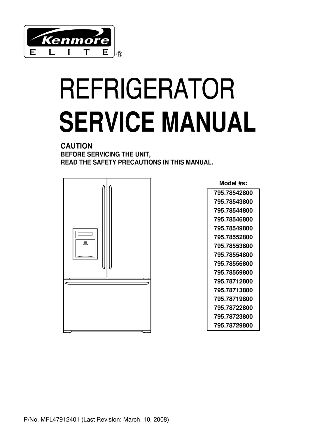 Kenmore 795 78552 78553 78554 78556 785529 800 models service manual cover with model code and showing a line drawing of the refrigerator
