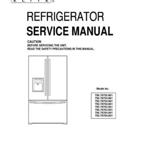 Kenmore 795 78752 78753 78754 78759 service manual cover with model code and showing a line drawing of the refrigerator