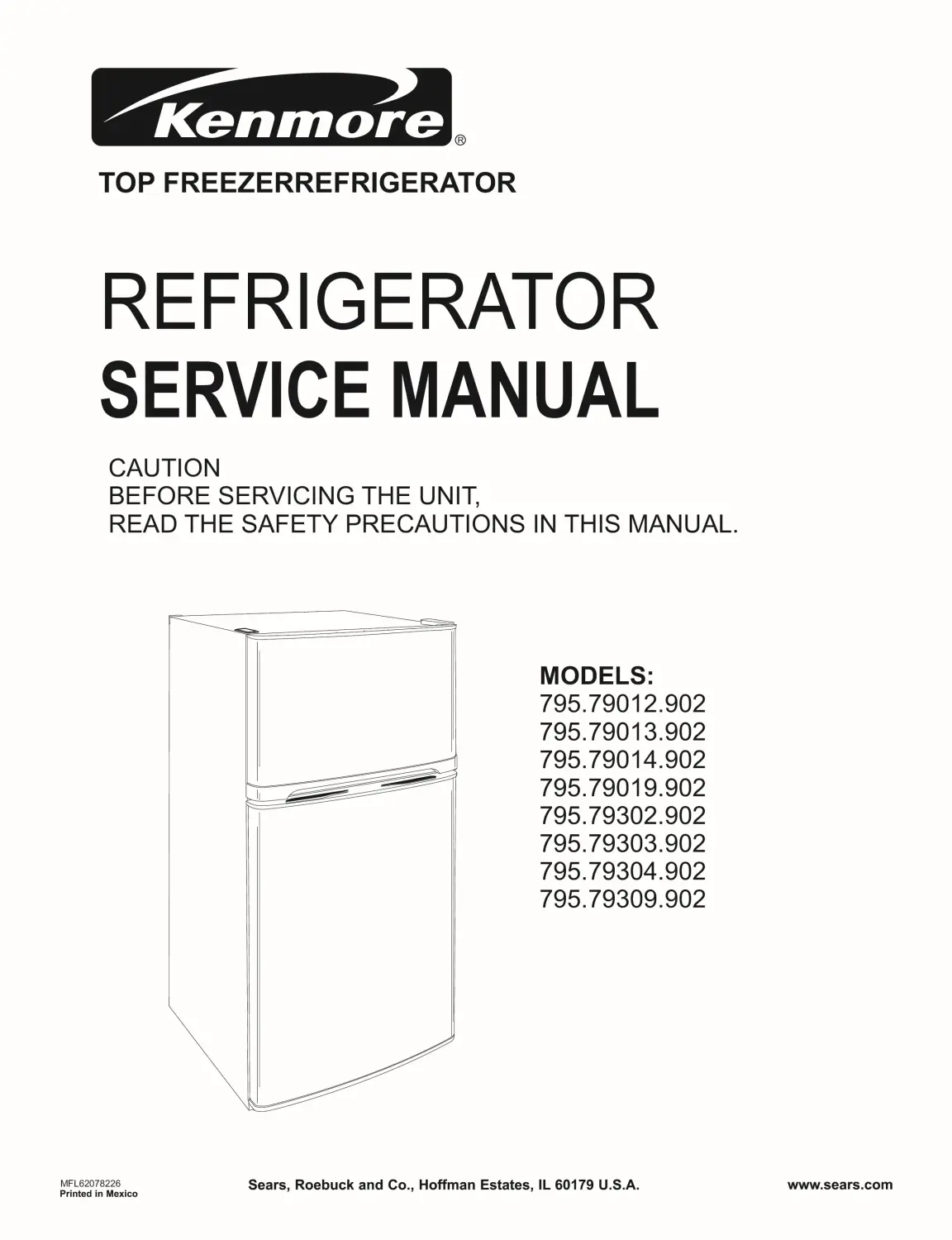 Kenmore 795 79012 79013 79014 79019 902 models service manual cover with model code and showing a line drawing of the refrigerator