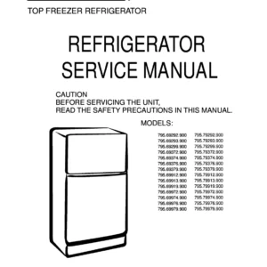 Kenmore 795 79292 79293 79299 79372 79374 79376 79379 900 models service manual cover with model code and showing a line drawing of the refrigerator