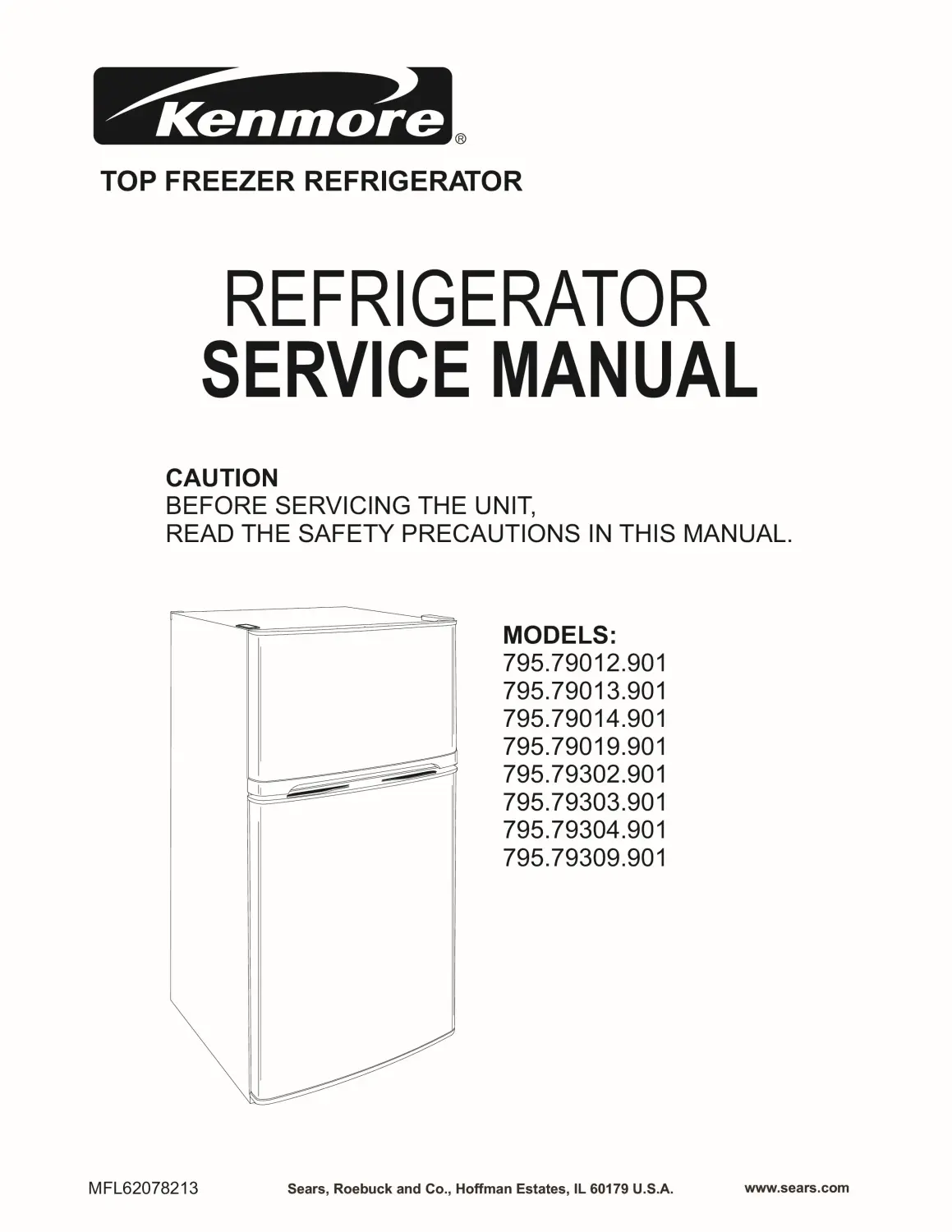 Kenmore 795 79302 79303 79304 79309 901 models service manual cover with model code and showing a line drawing of the refrigerator