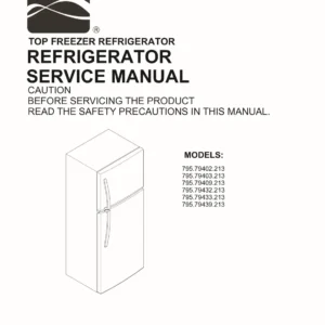 Kenmore 795 79402 79403 79409 79432 79433 79439 213 models service manual cover with model code and showing a line drawing of the refrigerator