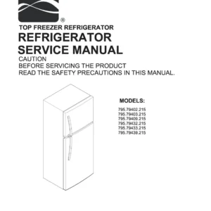 Kenmore 795 79402 79403 79409 79432 79433 79439 215 models service manual cover with model code and showing a line drawing of the refrigerator