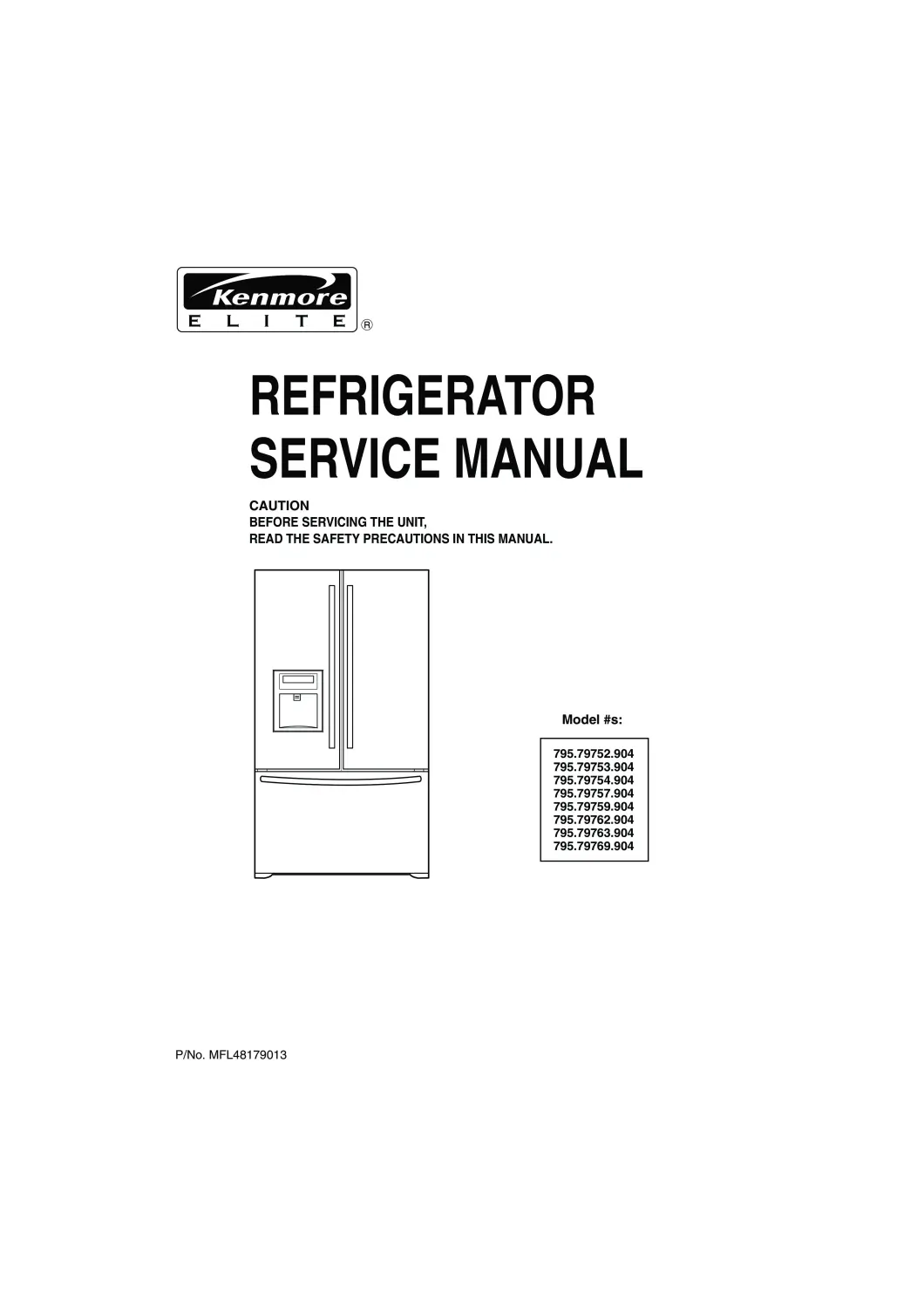 Kenmore 795 79752 79753 79754 79757 79759 904 models service manual cover with model code and showing a line drawing of the refrigerator