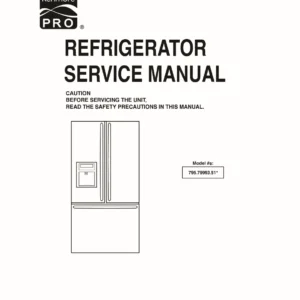 Kenmore pro 795 79993510 service manual cover with model code and showing a line drawing of the refrigerator
