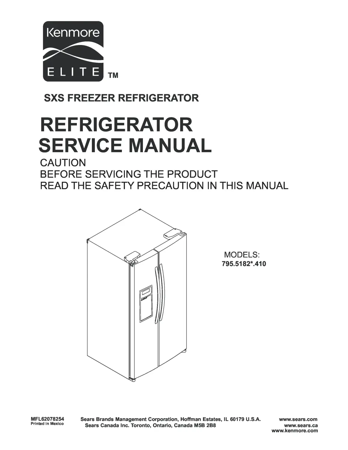 Kenmore elite 795 51822 51823 51829 service manual cover with model code and showing a line drawing of the refrigerator