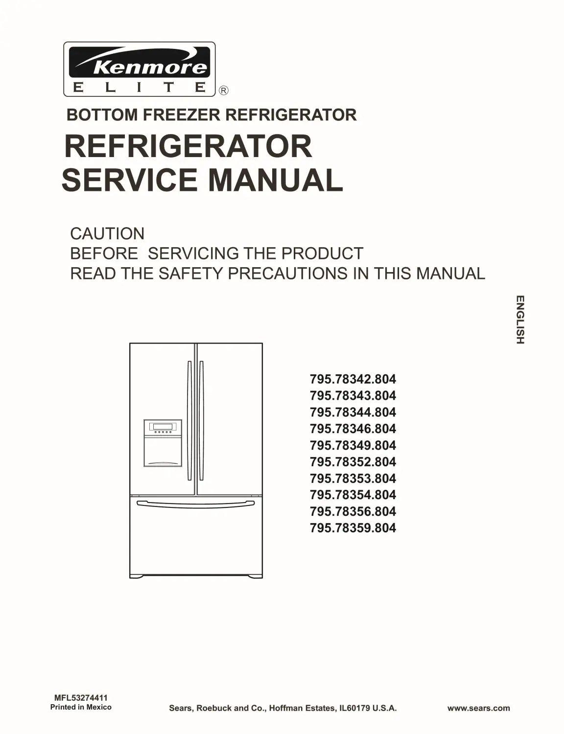Kenmore elite 795 78352 78353 78354 78356 78359 804 models service manual cover with model code and showing a line drawing of the refrigerator