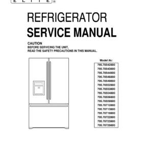 Kenmore elite 795 78712 78713 78719 78722 78723 78729 800 models service manual cover with model code and showing a line drawing of the refrigerator