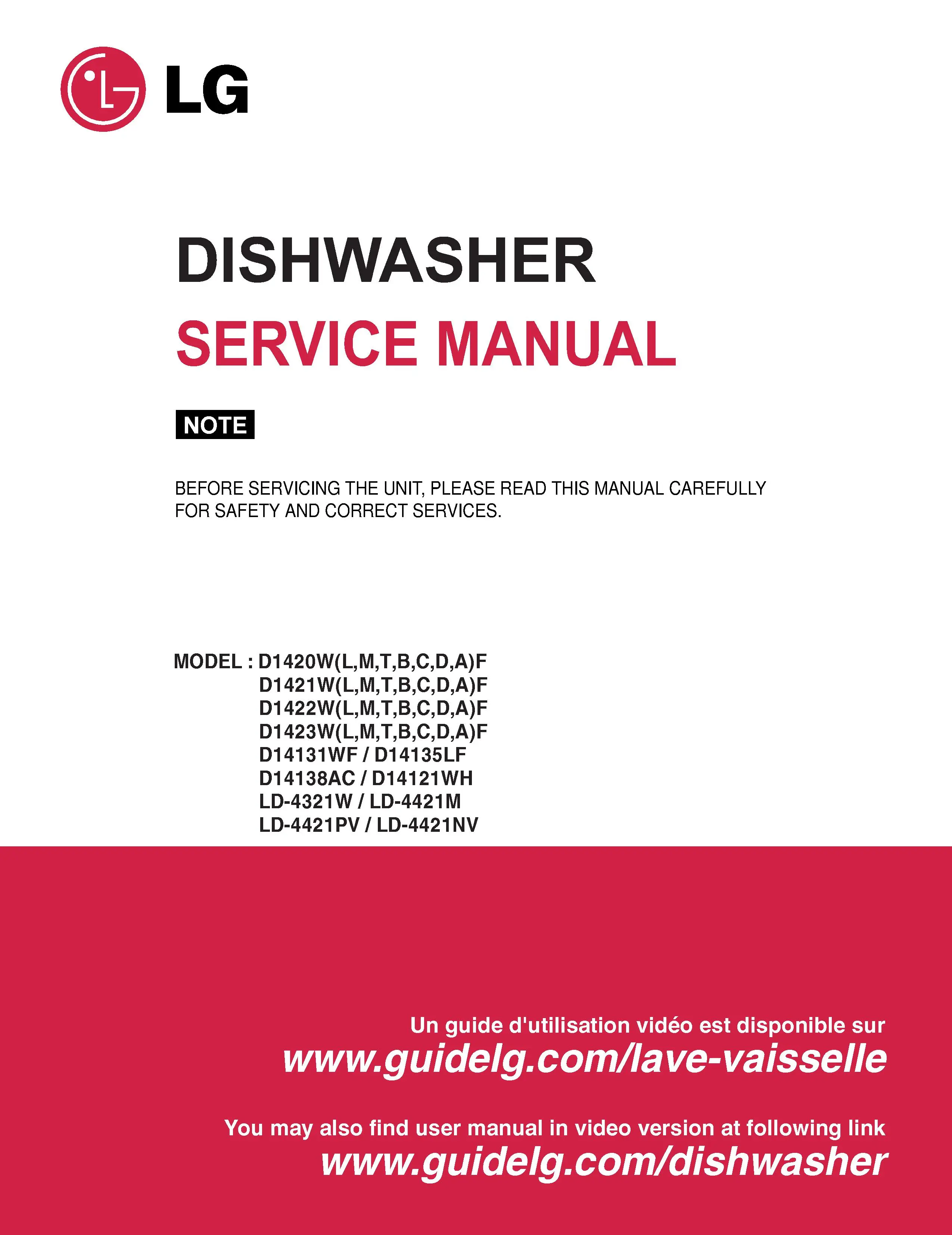 Lg d1420mf service manual cover dishwasher service manual with model codes and service caution notice