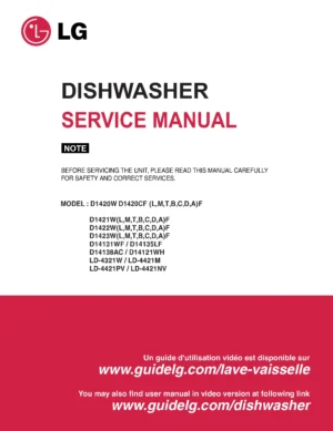 Lg d1423wf d14131wf d14138ac service manual cover dishwasher service manual with model codes and service caution notice