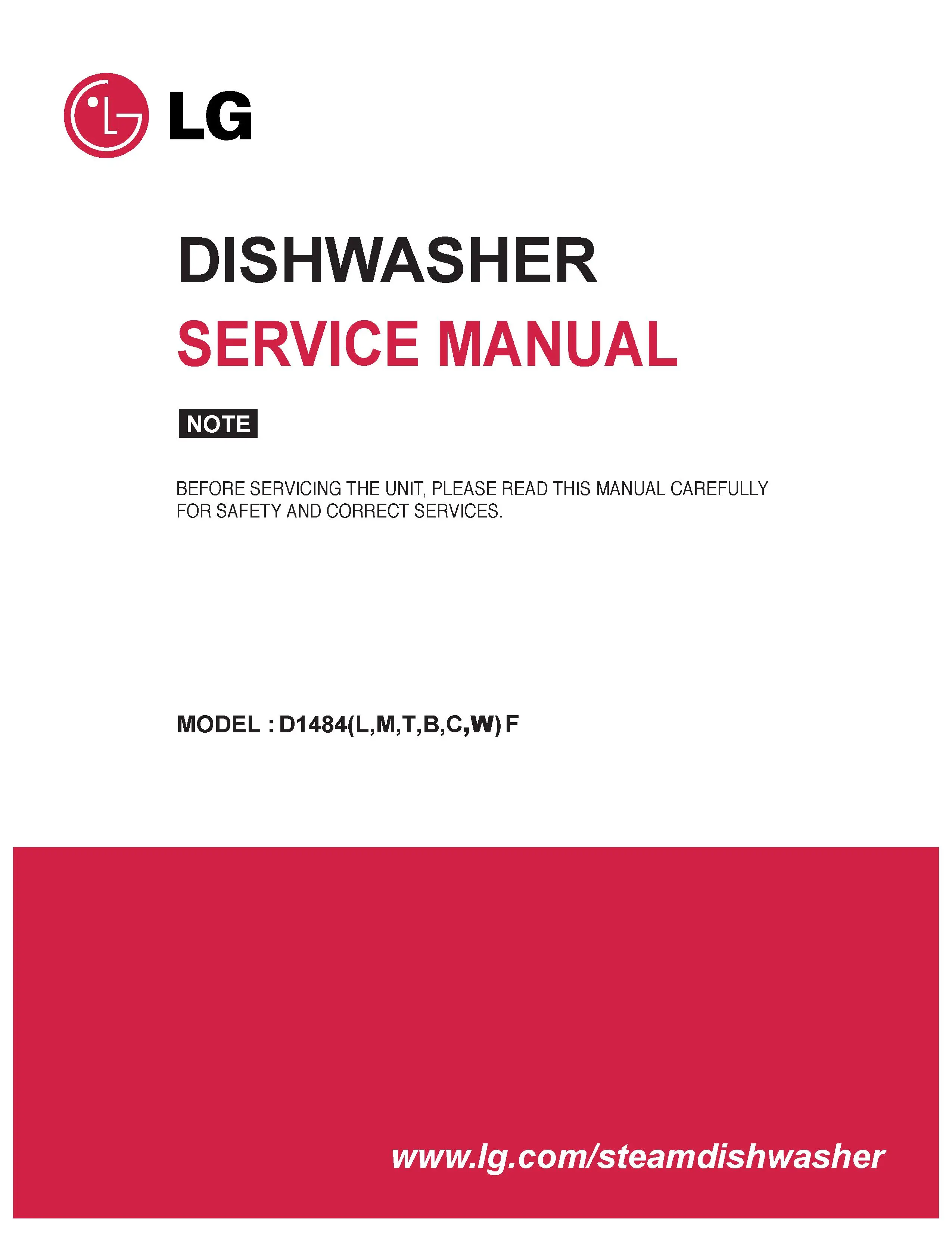 Lg d1484wf d1484cf d1484bf service manual cover dishwasher service manual with model codes and service caution notice