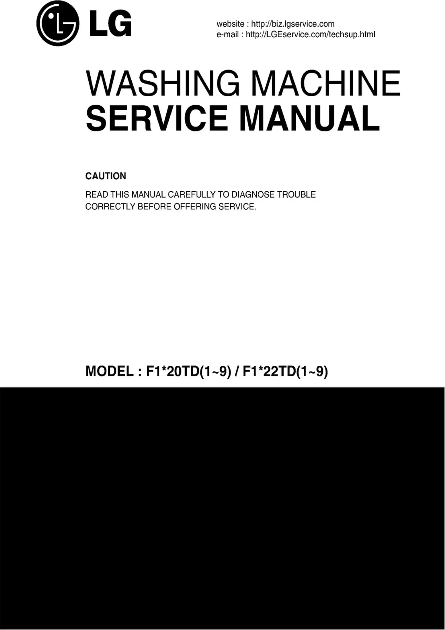Lg dd147mdwb service manual cover with LG logo, service website path, washer model codes and service caution notice