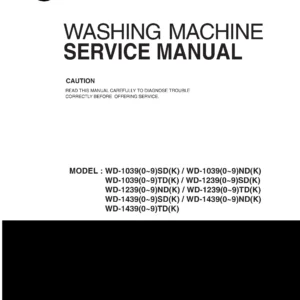 Lg dd147mwn service manual cover with LG logo, service website path, washer model codes and service caution notice
