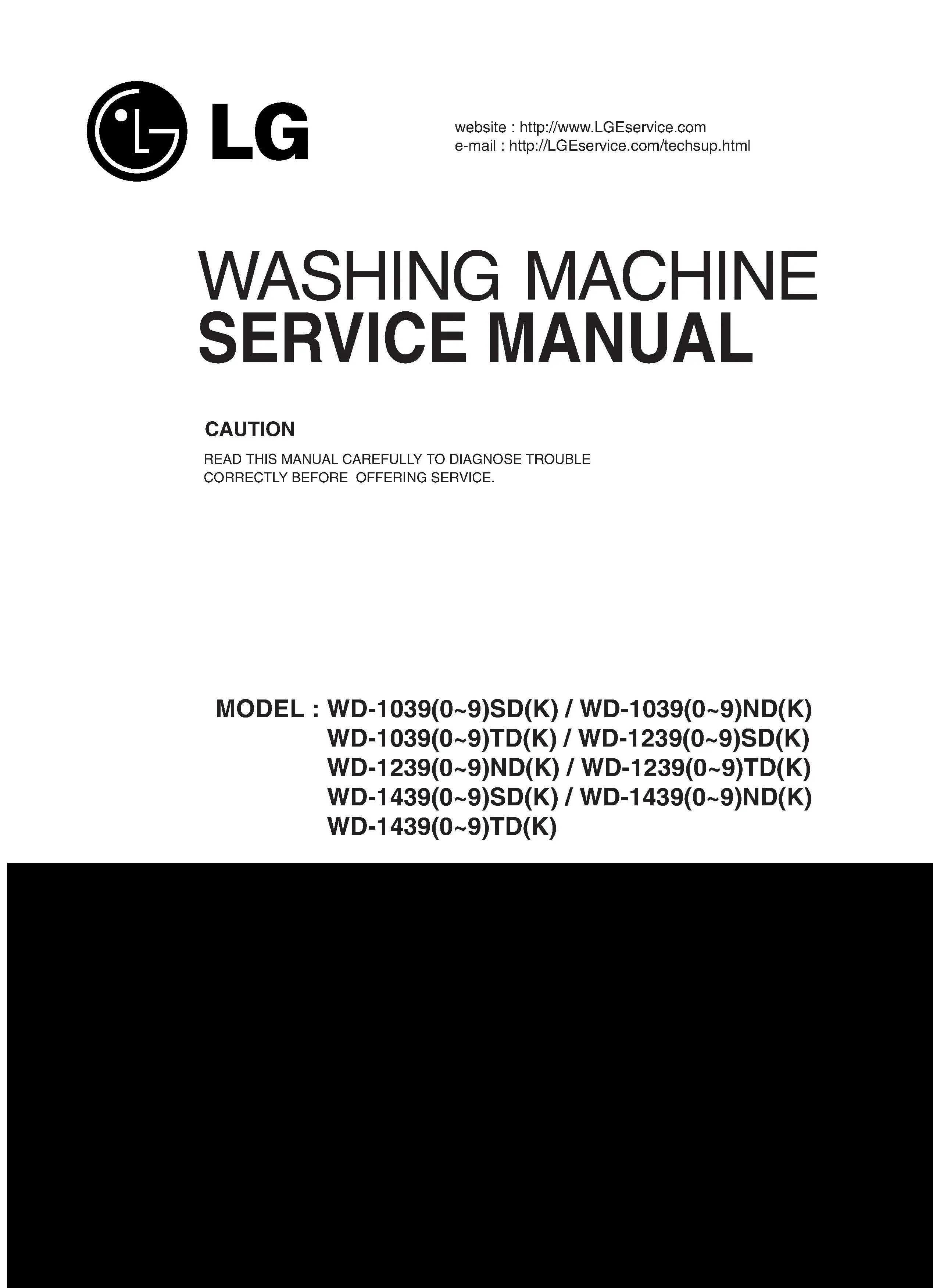 Lg dd147mwn service manual cover with LG logo, service website path, washer model codes and service caution notice