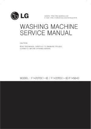 Lg dd147mwwm service manual cover with LG logo, service website path, washer model codes and service caution notice