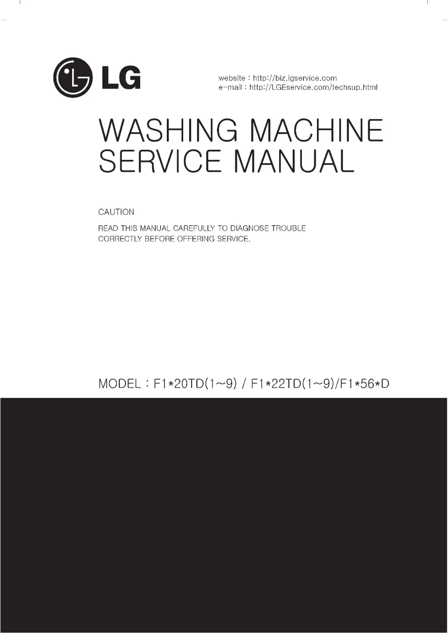 Lg dd147mwwm service manual cover with LG logo, service website path, washer model codes and service caution notice