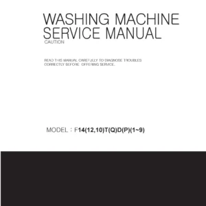 Lg dd147p3wm service manual cover with LG logo, service website path, washer model codes and service caution notice