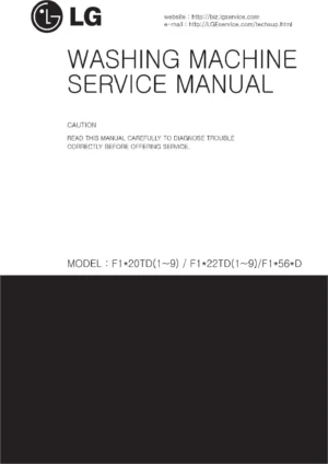 Lg dd148mwn service manual cover with LG logo, service website path, washer model codes and service caution notice