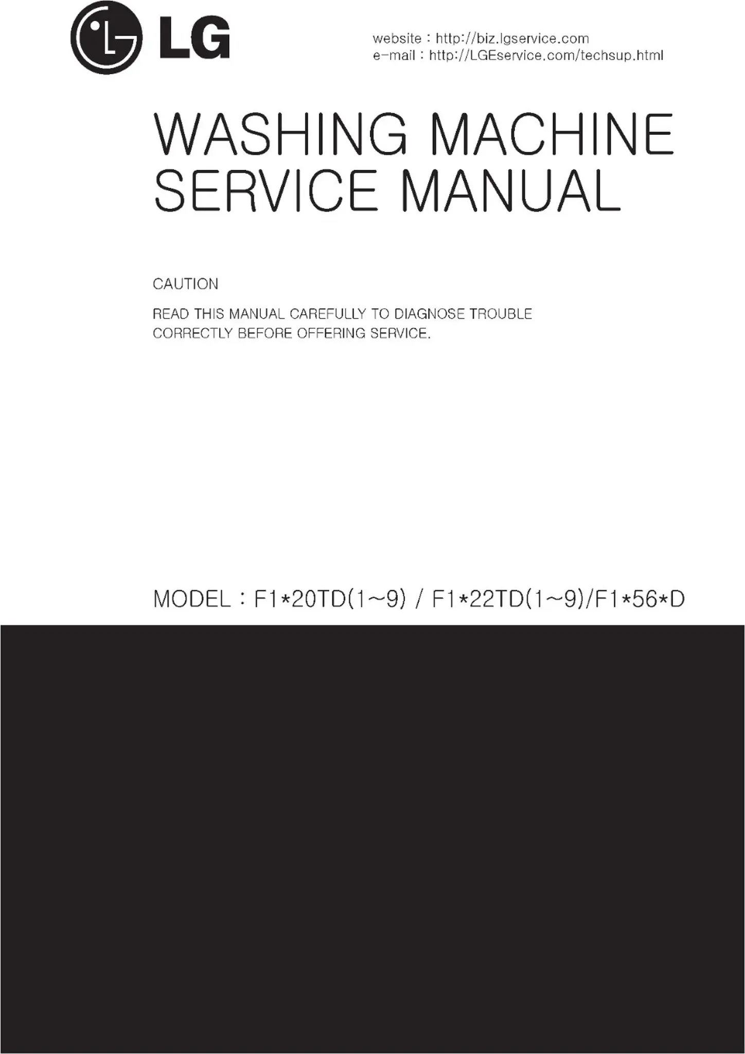 Lg dd148mwn service manual cover with LG logo, service website path, washer model codes and service caution notice