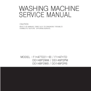 Lg dd148p2wm dd148p2pm service manual cover with LG logo, service website path, washer model codes and service caution notice