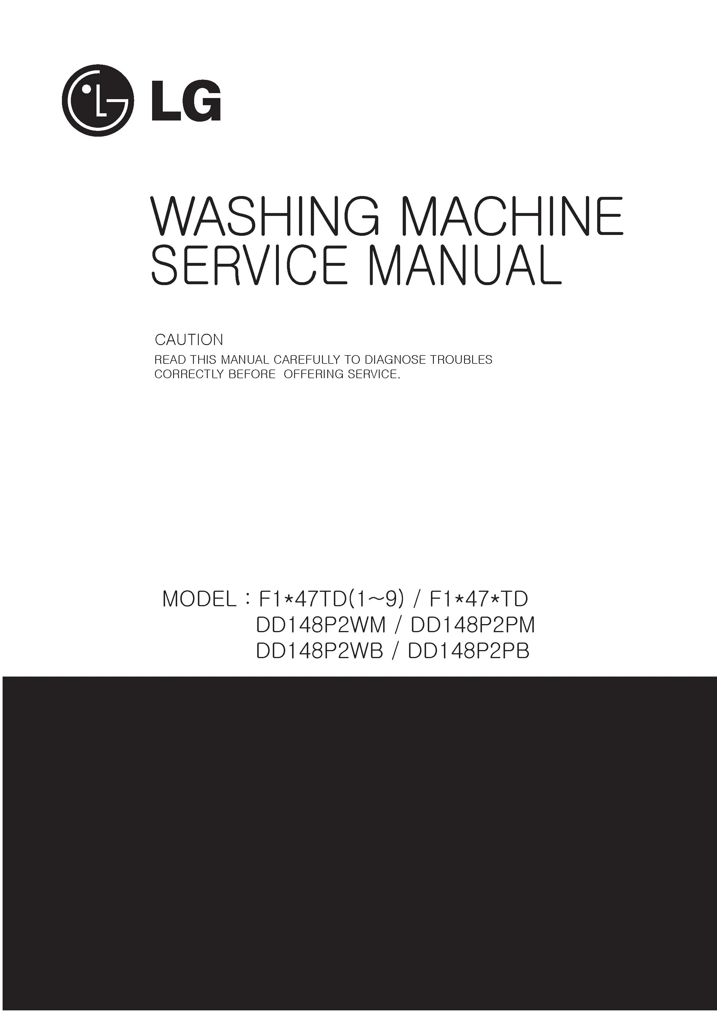 Lg dd148p2wm service manual cover with LG logo, service website path, washer model codes and service caution notice