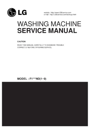 Lg f1023ndr service manual cover with LG logo, service website path, washer model codes and service caution notice