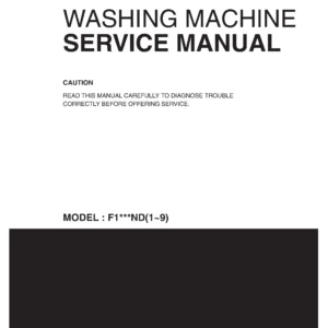 Lg f1029sdr service manual cover with LG logo, service website path, washer model codes and service caution notice