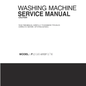 Lg f1048ndr service manual cover with LG logo, service website path, washer model codes and service caution notice